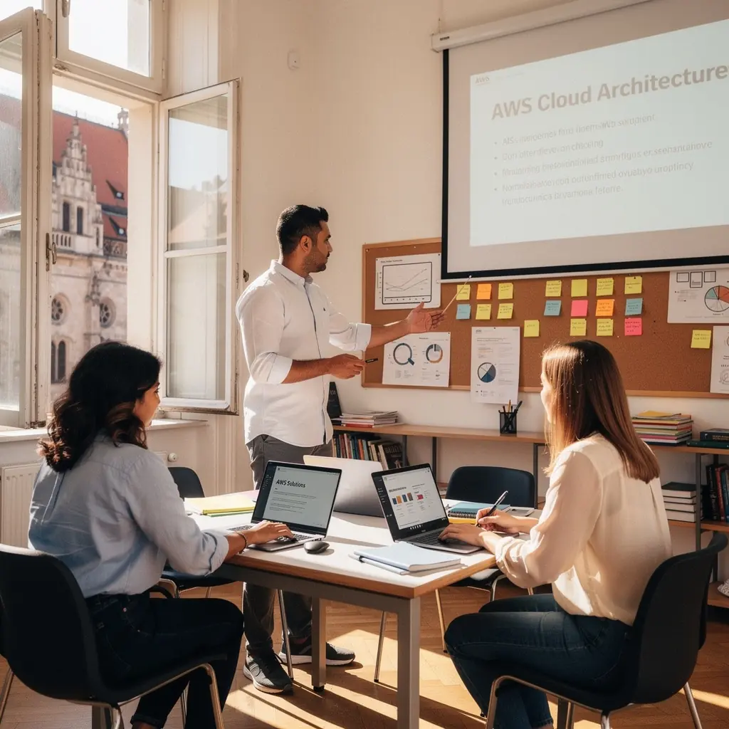 Eine Gruppe von Studenten arbeitet an Laptops, um praktische Übungen zu AWS und Azure durchzuführen.