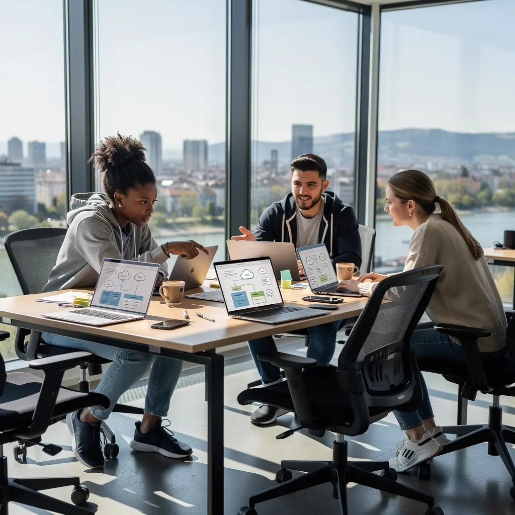 Ein Trainer erklärt den Teilnehmern die Grundlagen von Cloud Computing in einem modernen Schulungsraum.