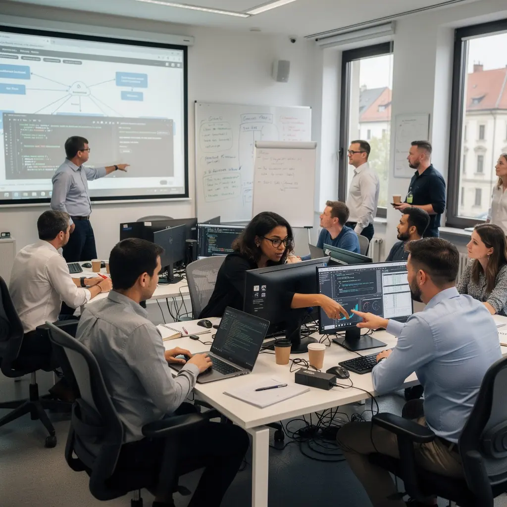 Eine Gruppe von Studenten arbeitet an ihrem Laptop und diskutiert über Cloud-Architektur-Projekte.
