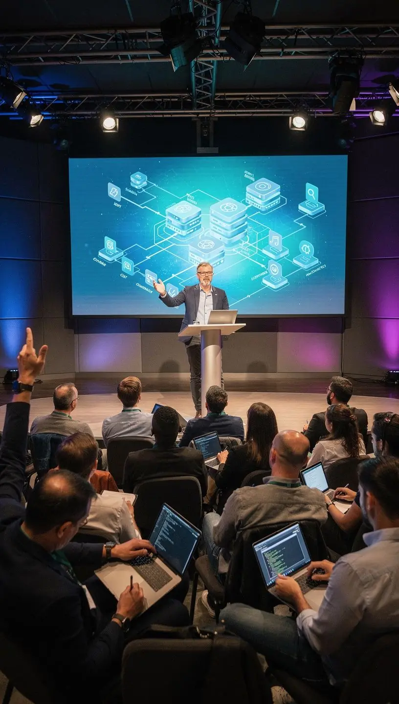 Eine Gruppe von Studenten arbeitet an ihrem Laptop und diskutiert über Cloud-Architektur-Projekte.