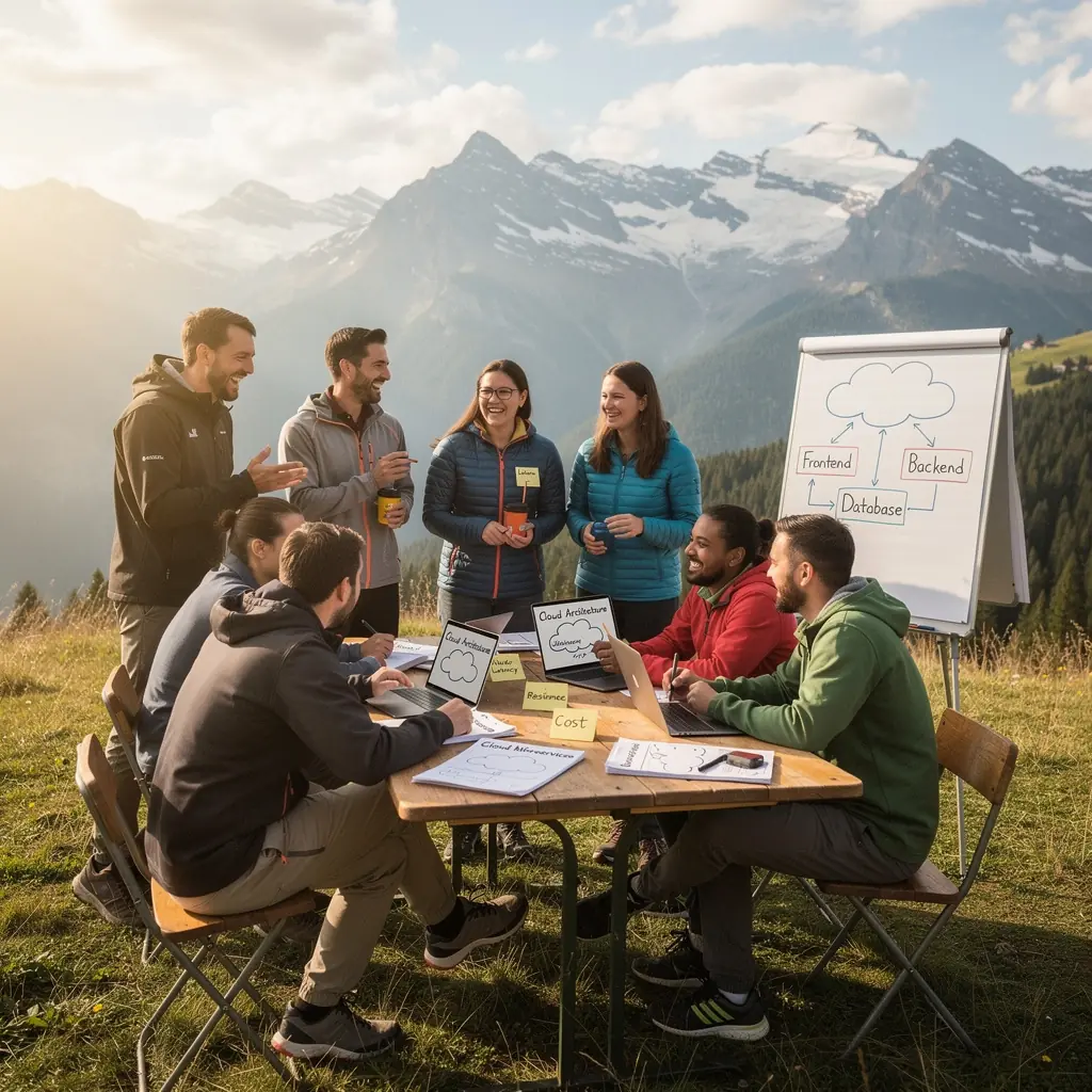 Eine Gruppe von Studenten arbeitet an ihrem Laptop und diskutiert über Cloud-Architektur-Projekte.