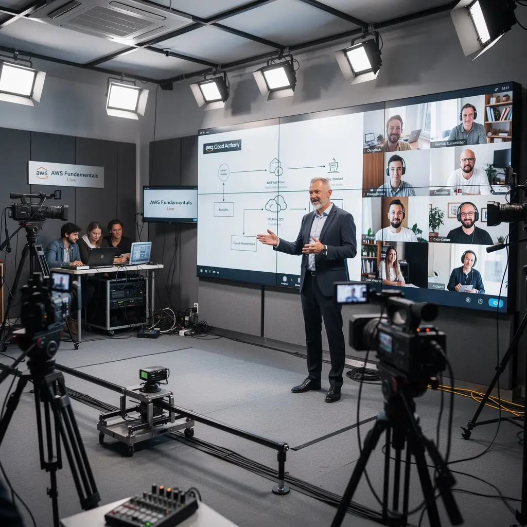 Ein Lehrer erklärt den Schülern die Grundlagen von Cloud-Computing in einem modernen Klassenzimmer.